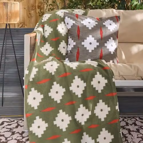 OHS Geometric Tile Print Fleece Throw Blanket, Olive, W/D/H: 120 x 150 cm – 2