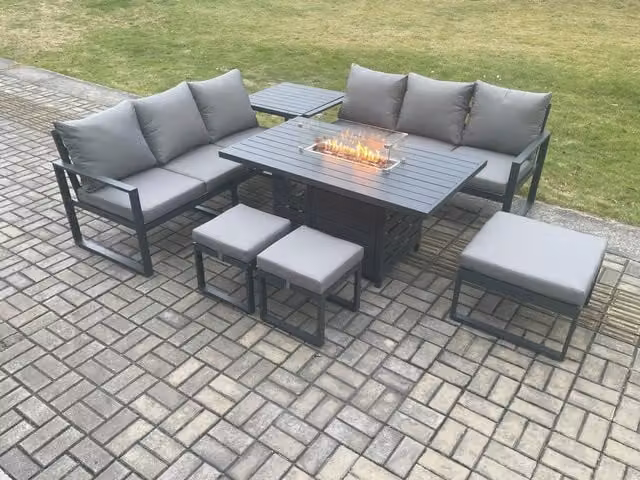 Fimous Aluminium Outdoor Lounge Sofa Garden Furniture Set with Gas Fire Pit Dining Table, 3 Footstools and Side Table in Dark Grey