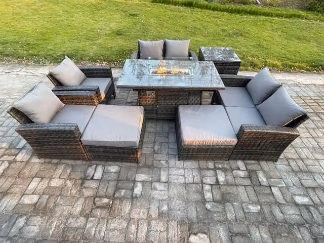 Fimous 8 Piece Wicker Rattan Garden Furniture Set with Gas Firepit Dining Table, Sofa, 2 Footstools and Side Table in Dark Grey