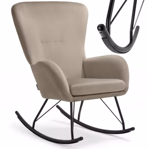 tectake Rocking Chair with Velvet-Look Fabric and Foam Padding, Modern Armchair with Metal Frame in Black and Beige – 1