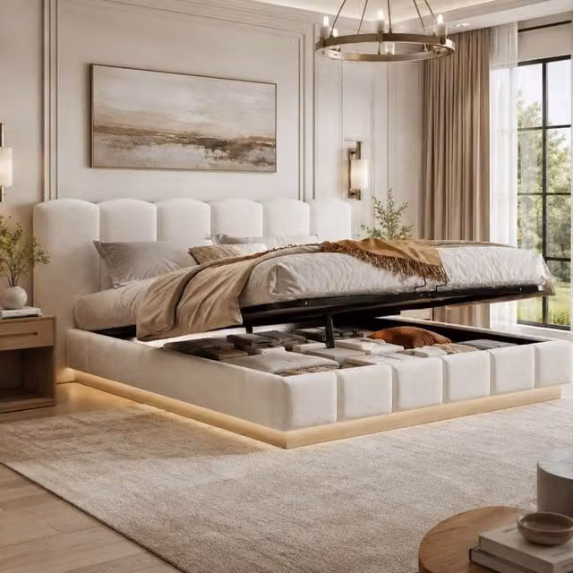 Rolipo Super King Ottoman Storage Bed in Beige Bouclé with Hydraulic Lift, W/D/H: 180 x 200 cm – 1