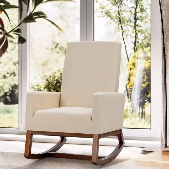 Costway Modern Upholstered Rocker Accent Chair with Armrests in Beige Fabric and Solid Rubberwood Frame
