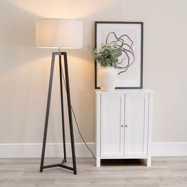 ValueLights Lottie Black Wood Tripod Floor Lamp with Grey Fabric Drum Shade and LED Bulb, H 148 cm x W 45 cm