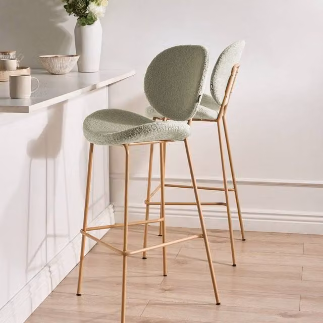 Wyld and Coco Set of 2 Modern Green Bouclé Bar Chairs with Matt Metal Legs