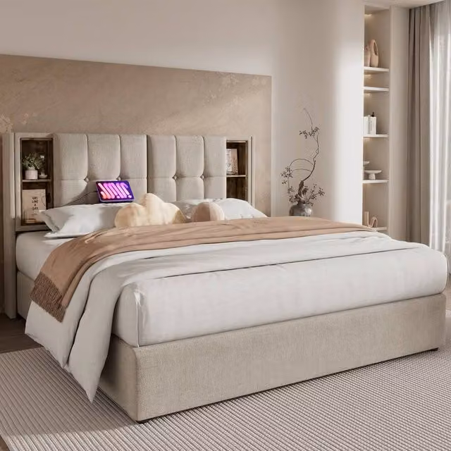 Rolipo Upholstered Double Bed Frame with Lift Up Storage and USB Charging Ports in Sand Beige, W/D/H: 140 x 200 cm