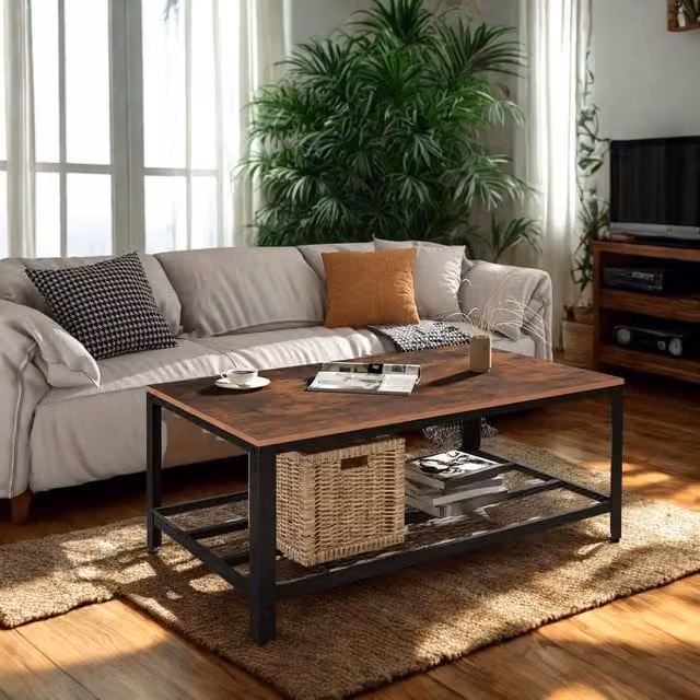 Pirlo Plush Industrial Rectangular 2 Tier Coffee Table with Storage Shelf in Brown, W: 60 cm, D: 45 cm, H: 40 cm