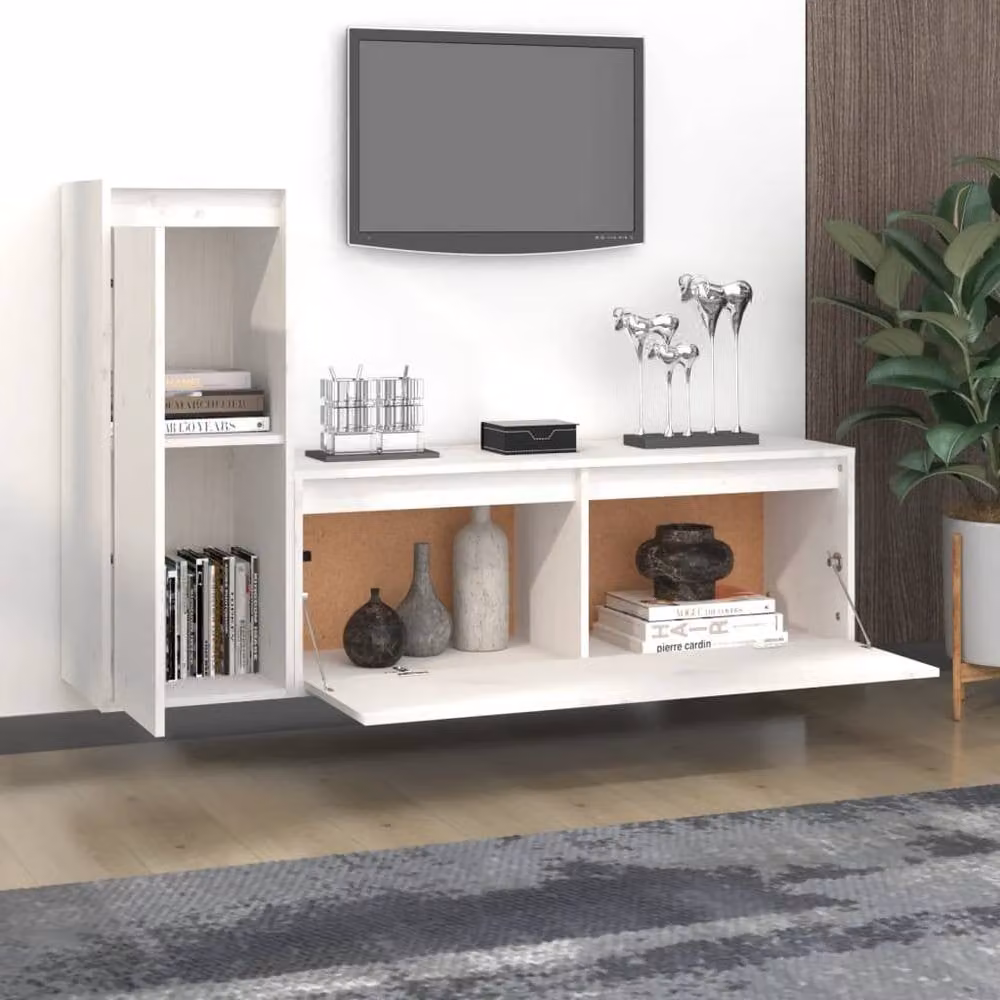 Berkfield Home Set of 2 White Solid Pine Wall Mounted TV Cabinets with Hinged Doors and Internal Shelves – 1