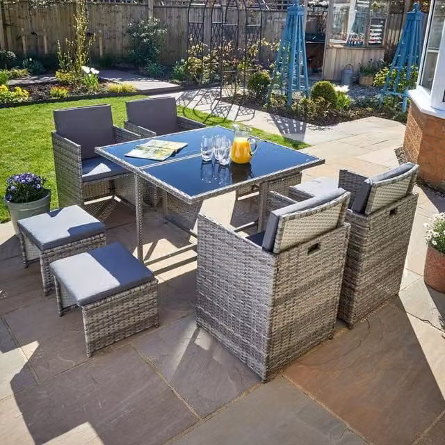 Home Source 9 Piece Grey Rattan Garden Furniture Set with 4 Chairs, 4 Footstools and Table – 1