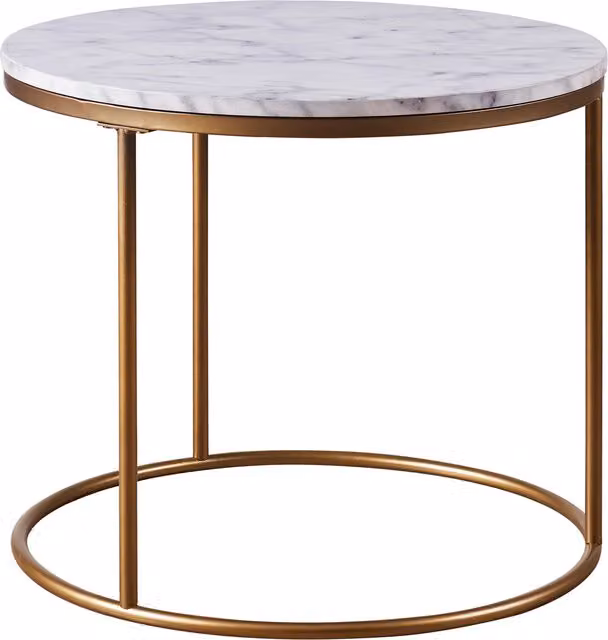 Teamson Home Versanora Round Faux Marble Side Table with Brass Metal Legs in White