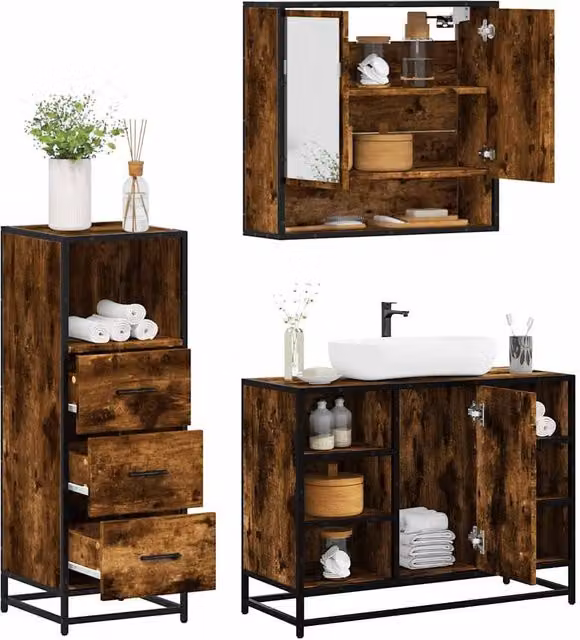 Berkfield Home 3 Piece Industrial Bathroom Furniture Set in Smoked Oak Brown – 1