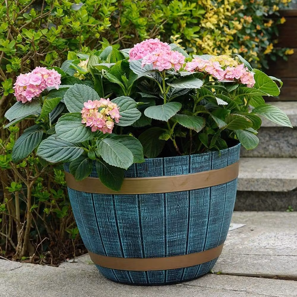 Havendro Blue Rustic Plastic Barrel Planter Tub Set of 2 – 5