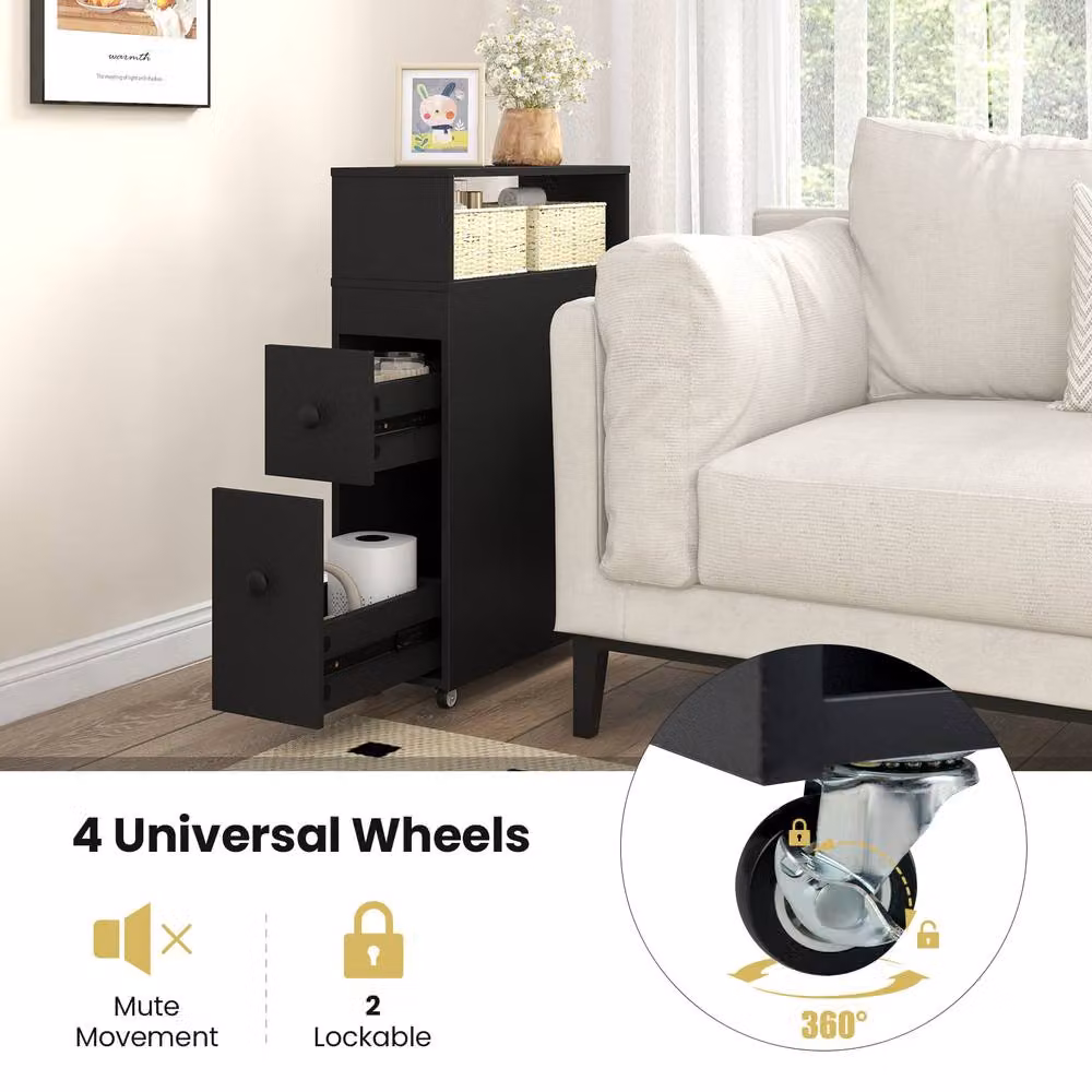 Costway Movable Narrow Bathroom Storage Cabinet with Rattan Detail in Black – 6