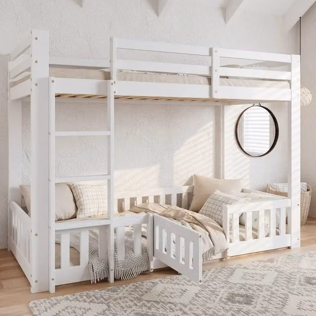 BTM White Solid Wood Childrens Bunk Bed with Safety Door and Fall Protection, W/D/H: 190 x 90 x 150 cm