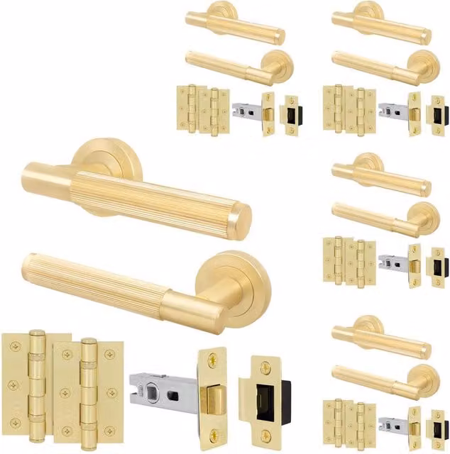 AFIT Brass Door Handle Latch and Hinge Set in Gold, 5 Pack