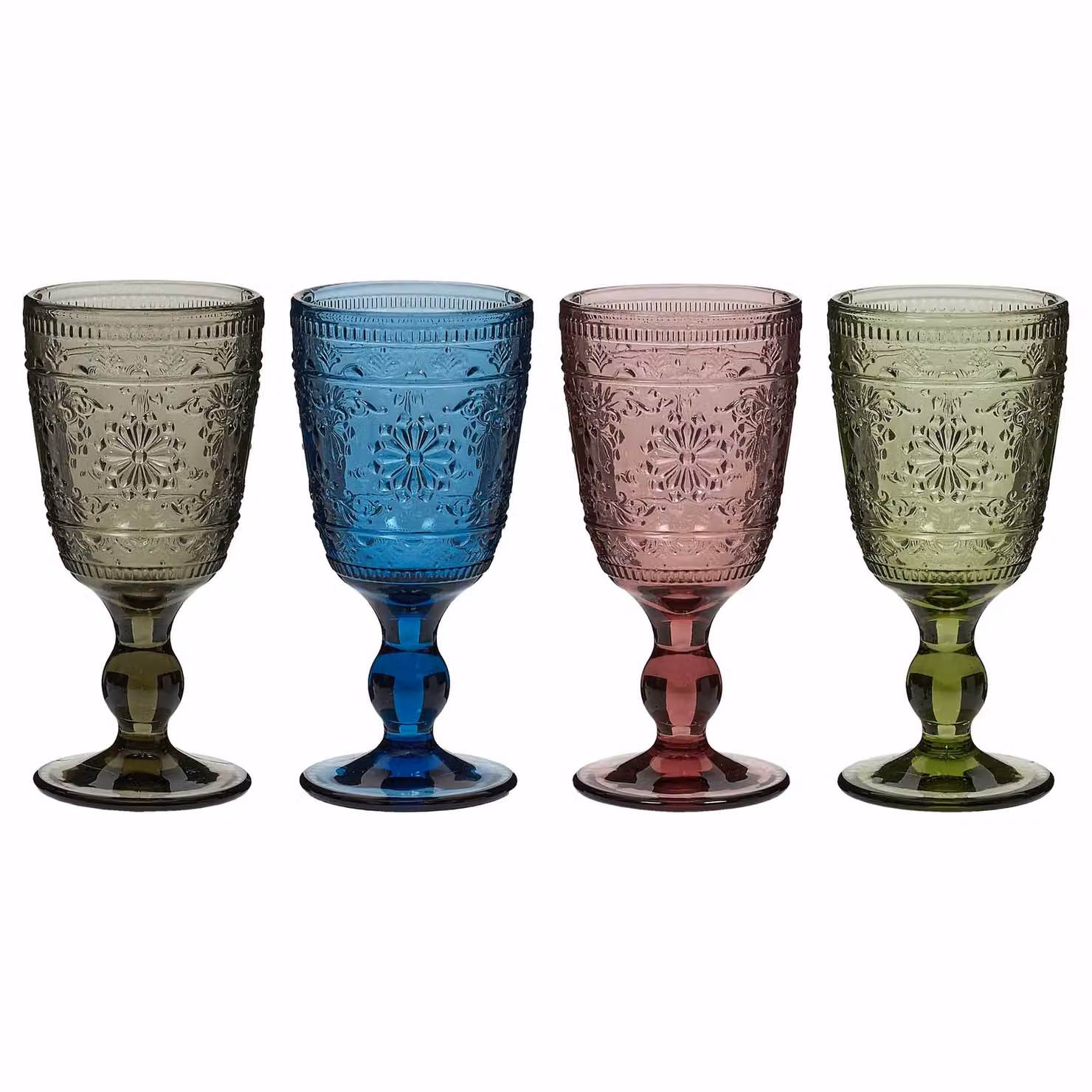 Dibor Set of 4 Fontaine Multicolour Embossed Floral Wine Goblets, 320ml per glass – 2