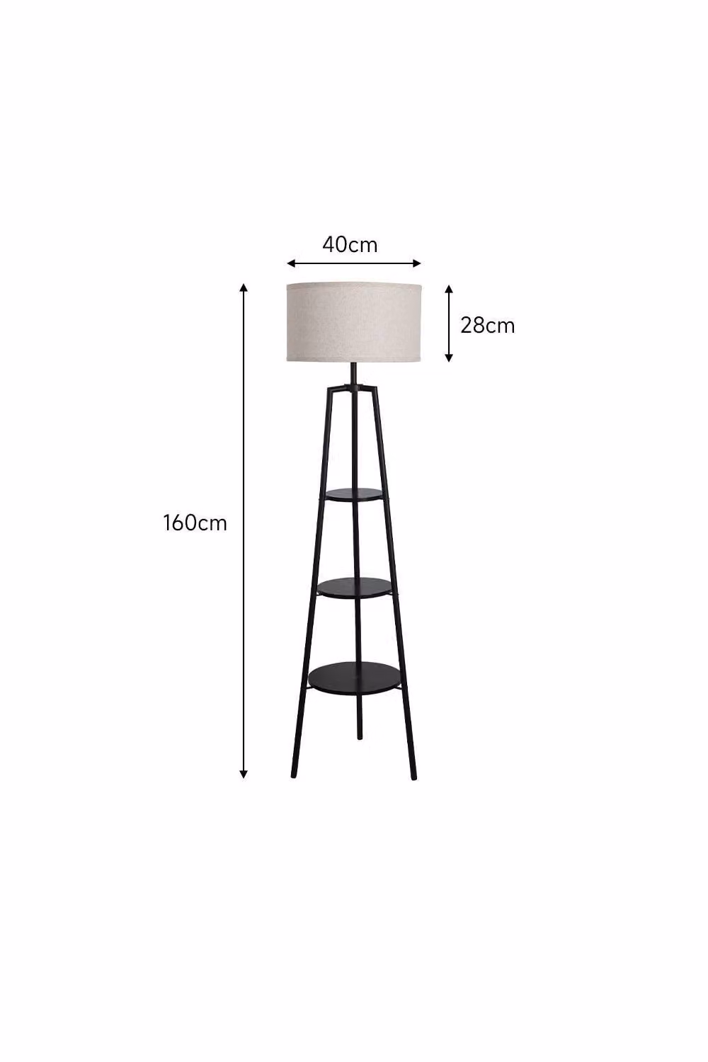 Living and Home Round Shelf Floor Lamp with Fabric Lampshade in Black, H 160 x W 40 x D 40 cm – 3
