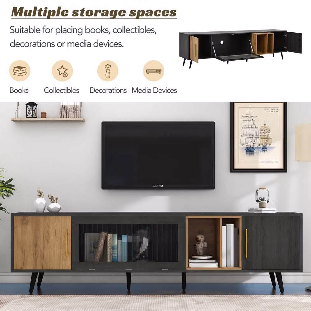 Tokpiedi Stylish TV Stand with Pull-down Glass Doors and Smart Cable Management in Dark Grey – 4