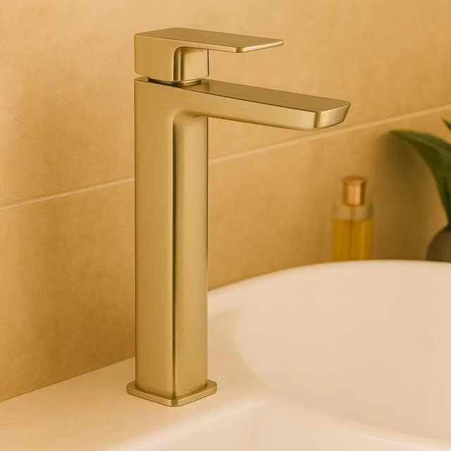 Bathroom Kingdom Brushed Brass Freestanding Single Lever Basin Mixer Tap in Gold