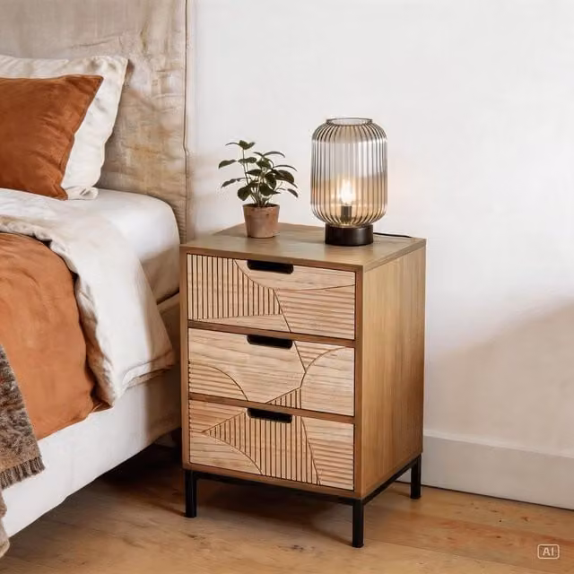 Home Source Reedham 3 Drawer Bedside Table in Light Brown