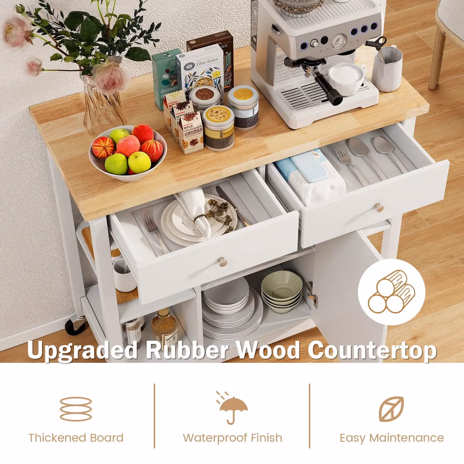 Costway Kitchen Trolley Cart Rolling Kitchen Island with Cabinet and Rubberwood Top in White – 3