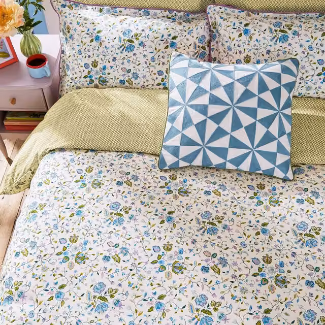 Land & Shore Ethel Reversible Single Cotton Duvet Cover and Pillowcase Set, Green and Blue Floral