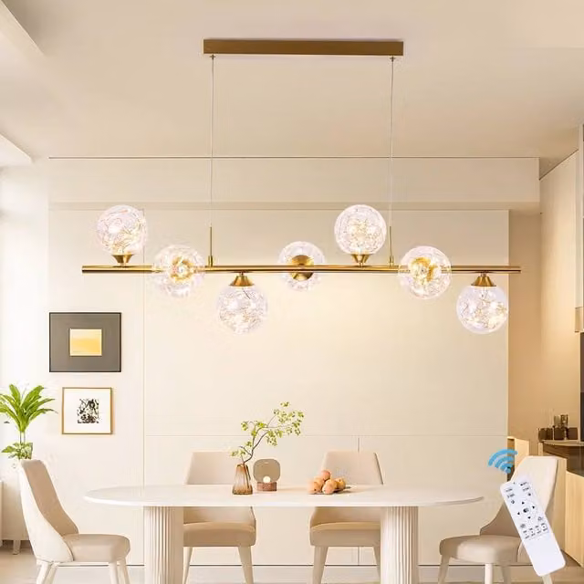 Garwarm 7 Light Linear LED Kitchen Island Pendant in Gold with Transparent Glass and Adjustable Height – 1