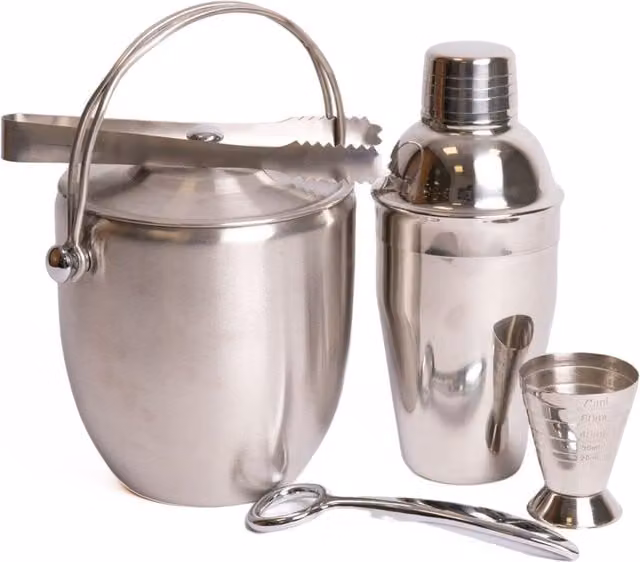 BarCraft 4-Piece Silver Stainless Steel Barware Set with Ice Bucket, Tongs, Jigger, Bottle Opener and Cocktail Shaker