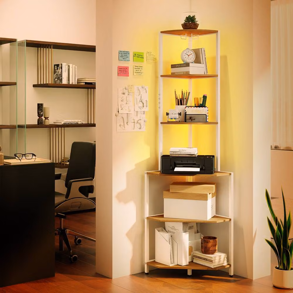 Costway Natural Wooden Corner Shelf with Freestanding Storage Shelves – 2