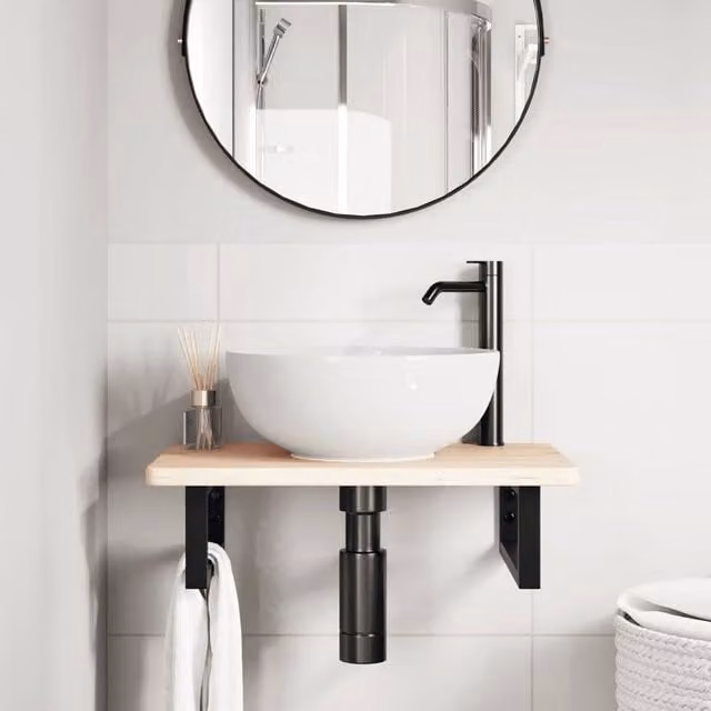 Berkfield Home Elegant Wall Mounted Basin Shelf in Natural Oak and Black Steel – 1