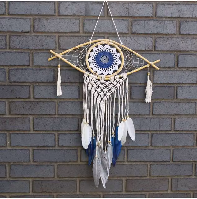 KDMD Protection Dream Catcher Med Macrame Evil Eye in White, Blue and Grey – 1