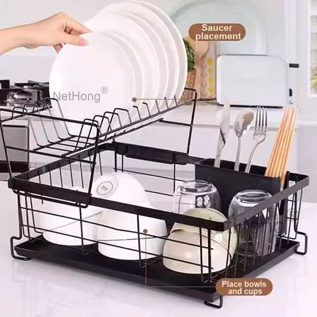 KORVIXA Black Large Dish Drainer Rack with Cutlery and Cup Holders – 1