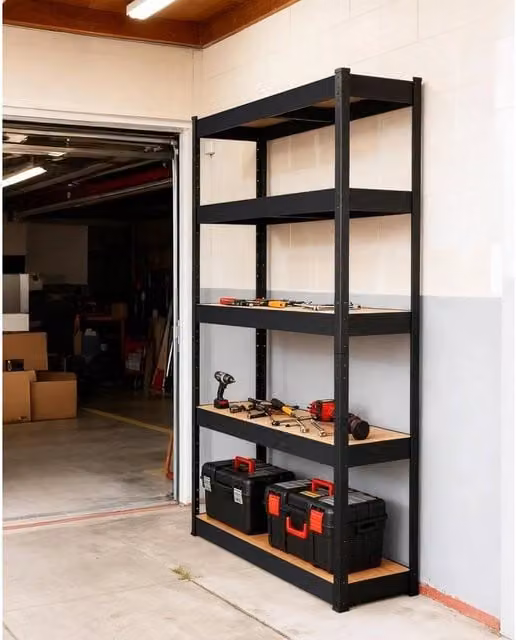 VOGREX Heavy Duty Metal and MDF Storage Shelves in Black, W/D/H: 91.44 x 45.72 x 182.88 cm