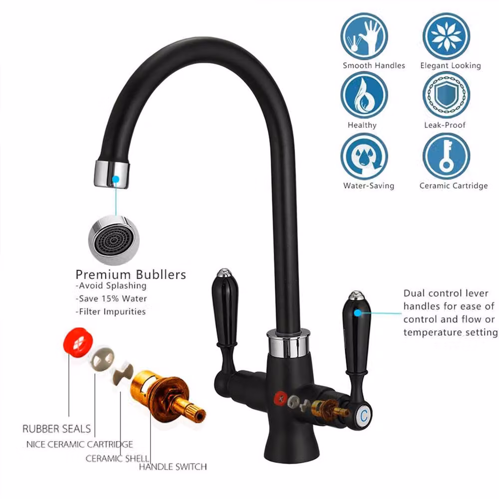 Heable Elegant Matte Black Dual Lever Monobloc Kitchen Sink Mixer Tap with Swivel Spout – 4