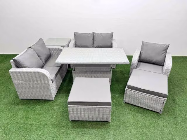 Fimous Grey Poly Rattan Garden Furniture Set with Reclining Chair, Loveseat Sofa and Adjustable Table