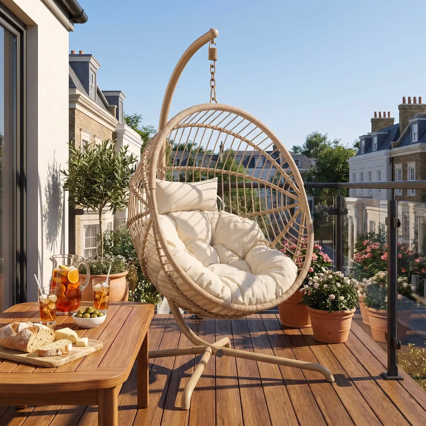 DHS Beige Rattan Foldable Garden Hanging Egg Chair with Stand and Cushions