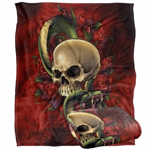 JQ Licensing Brian Allen Skull Snake and Roses Super Soft Fleece Throw Blanket, White and Multicolour, W: 152 cm, D: 127 cm – 1