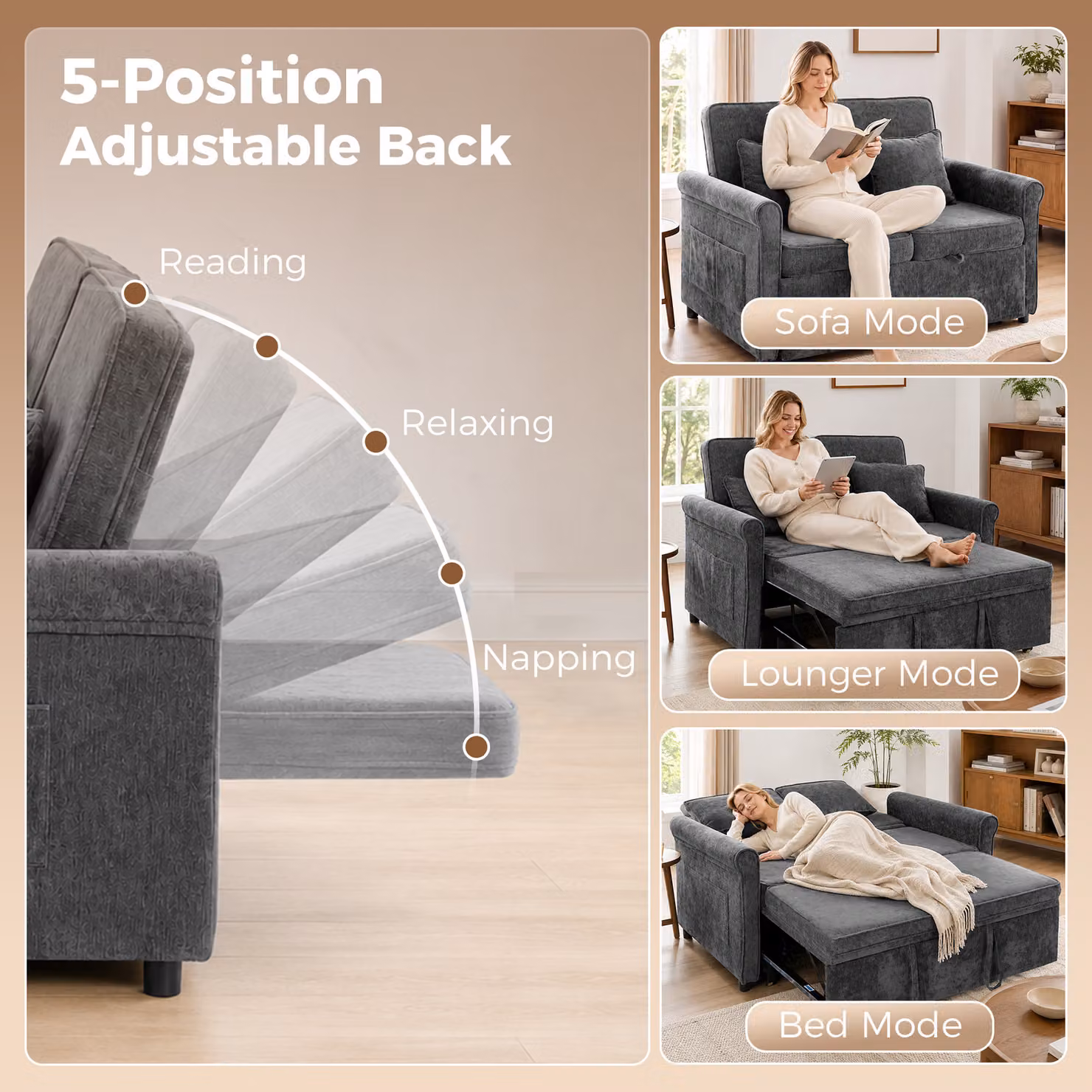 HOMCOM 2 Seater Convertible Chenille Sofa Bed in Grey with 5-Position Adjustable Backrest and Pull Out Sleeper Function, 140 x 190 cm – 5