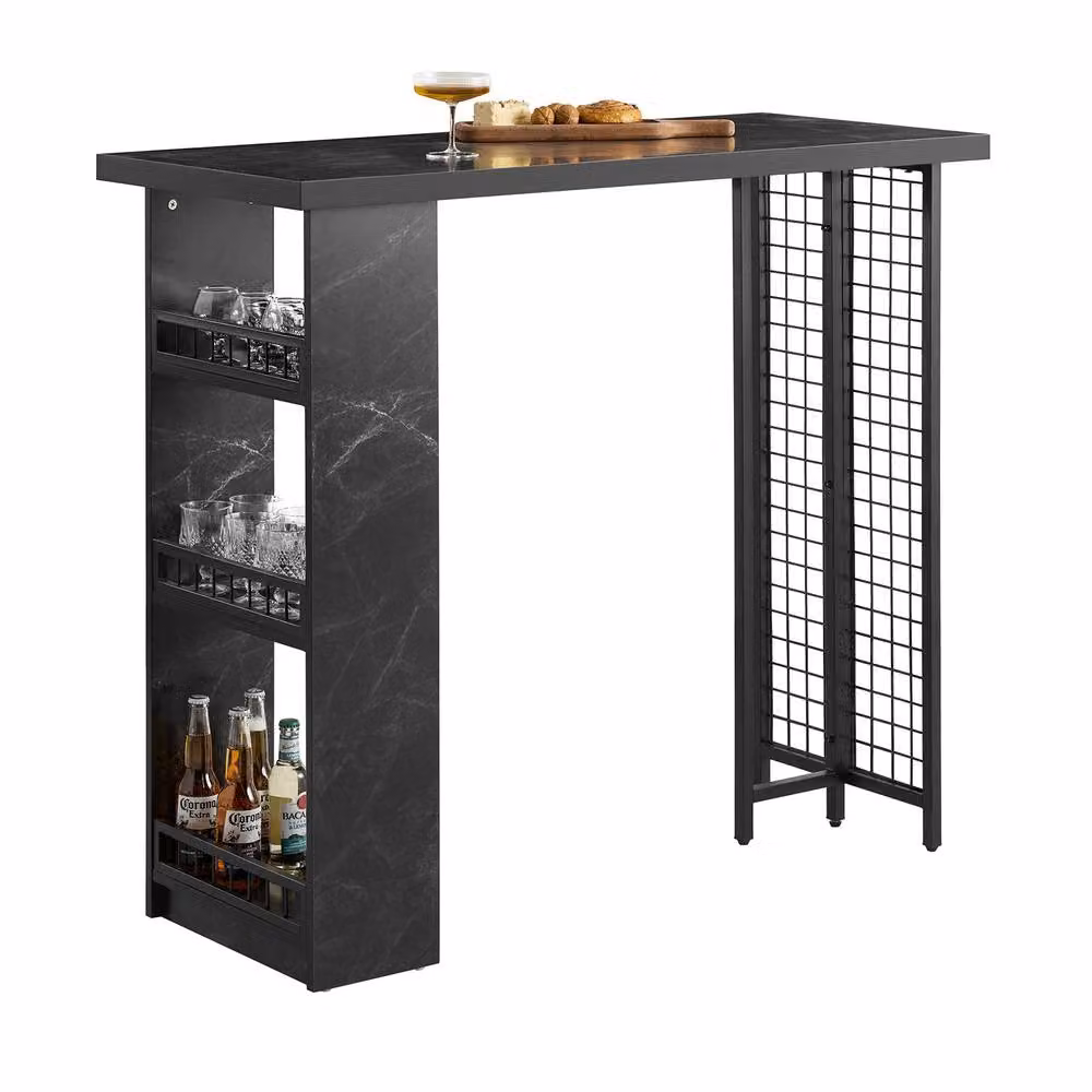 SoBuy Modern Black Marble Effect High Bar Table with Wine Storage – 2