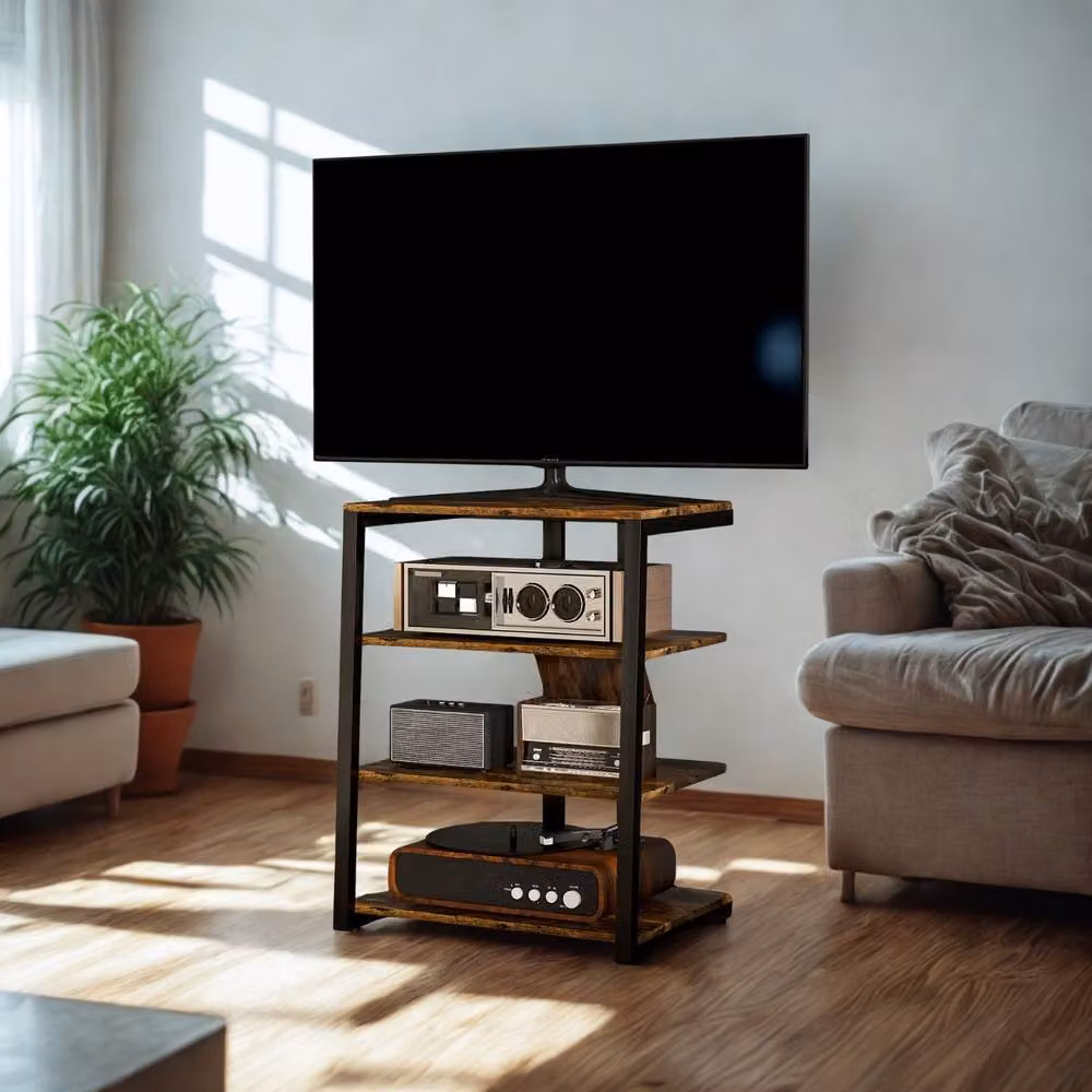 FURNOS Industrial 4 Tier Small TV Stand Unit with Storage Shelves in Brown, W: 79.0 cm, D: 60.0 cm, H: 60.5 cm – 2