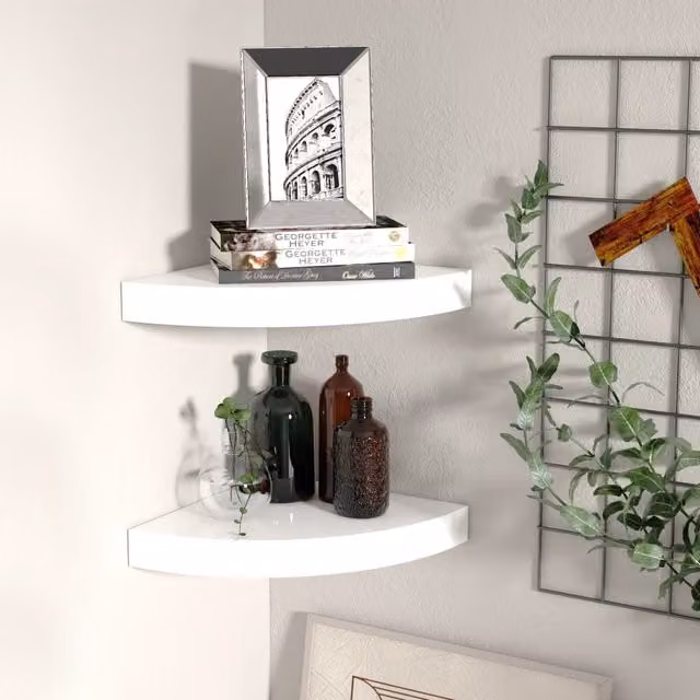 Berkfield Home Set of 2 High Gloss White Floating Corner Shelves, W/D/H: 25 x 25 x 3.8 cm