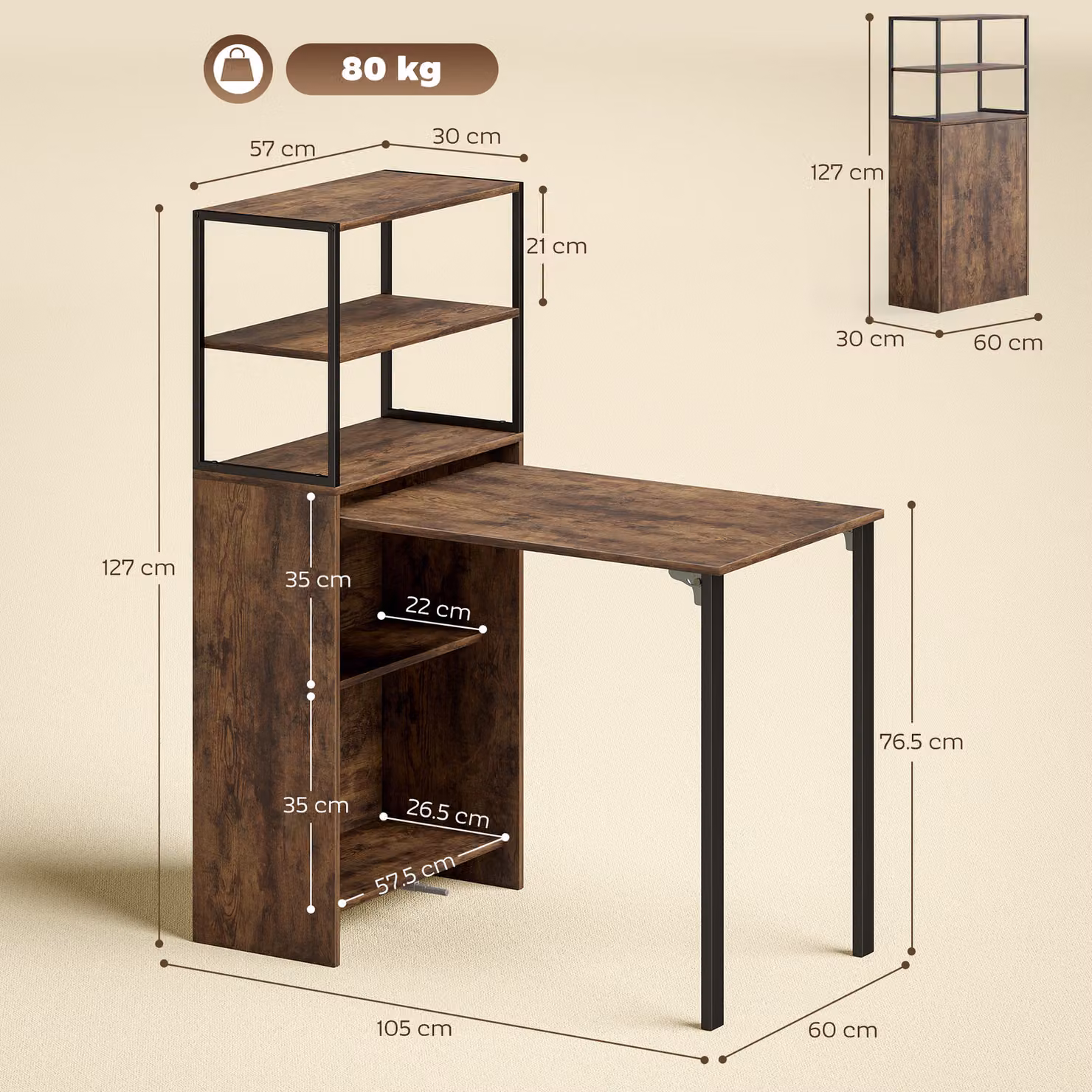 HOMCOM Folding Shelf and Computer Desk in Brown and Black – 3