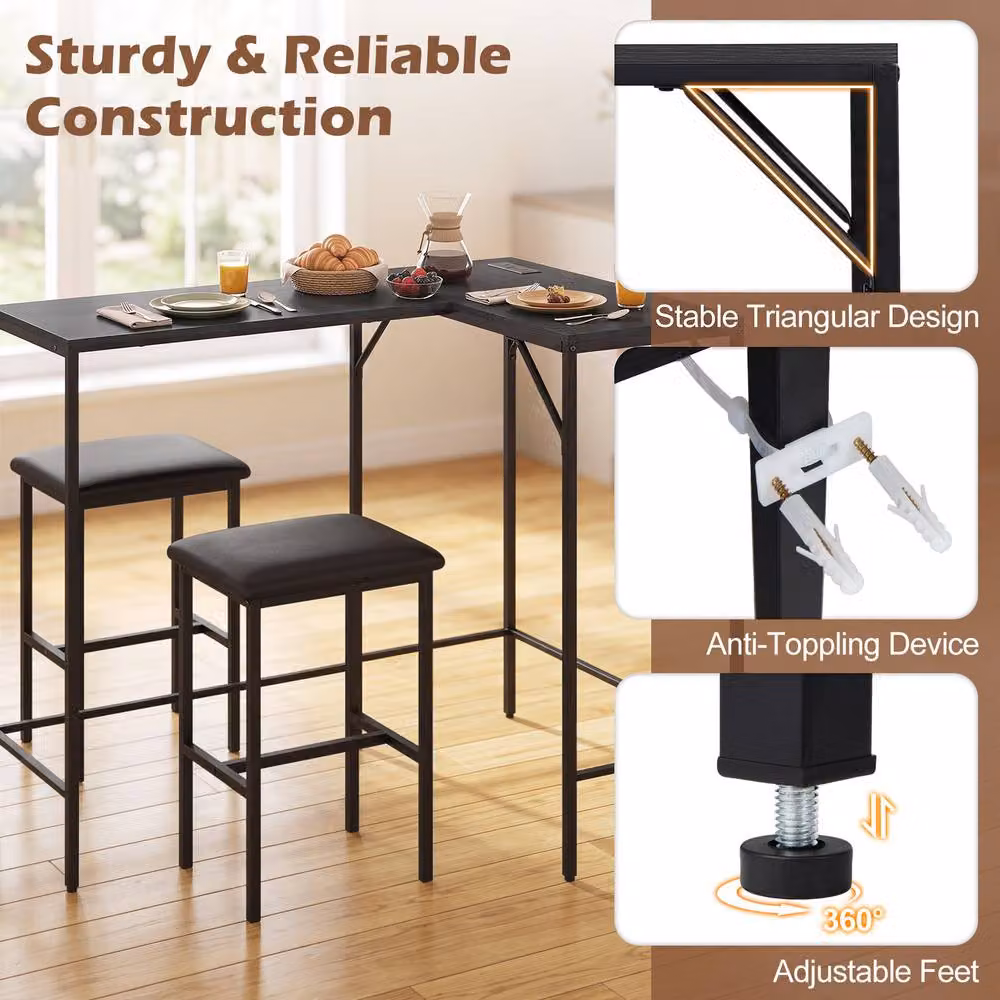 Gymax 3-Piece L-Shaped Bar Table and Chair Set in Black – 7