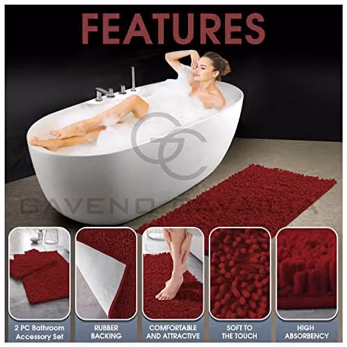 Gaveno Cavailia 2 Piece Chenille Microfibre Bath Mat Set in Red, W: 80 cm, D: 50 cm – 3