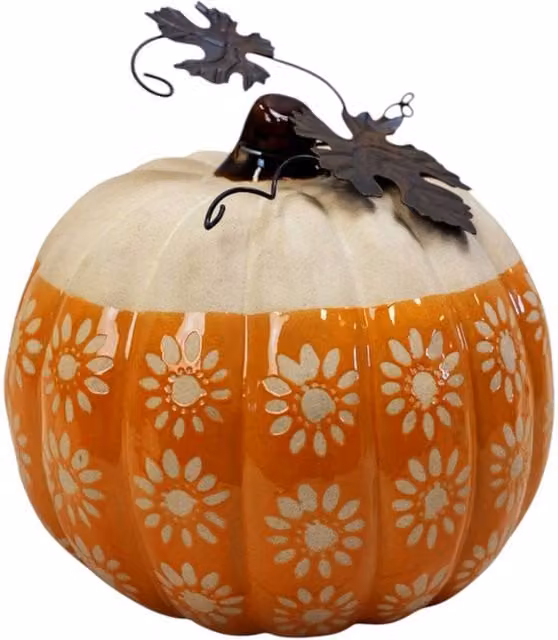 Four Candle Rustic Ceramic Pumpkin Ornament in Beige, Orange and Brown, W/D/H: 19.0 x 16.0 x 1.0 cm – 1