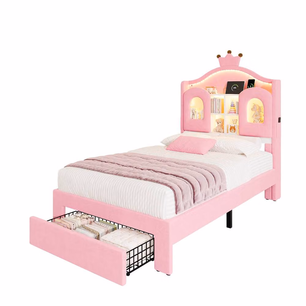 BTM Single Velvet Bed with Wavy Headboard, USB Charging Port and Drawers, Pink, W/D/H: 90 x 190 cm – 3