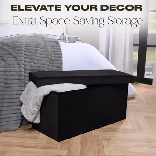 OHS Rectangular Velvet Ottoman Storage Box with Removable Padded Lid in Black – 3