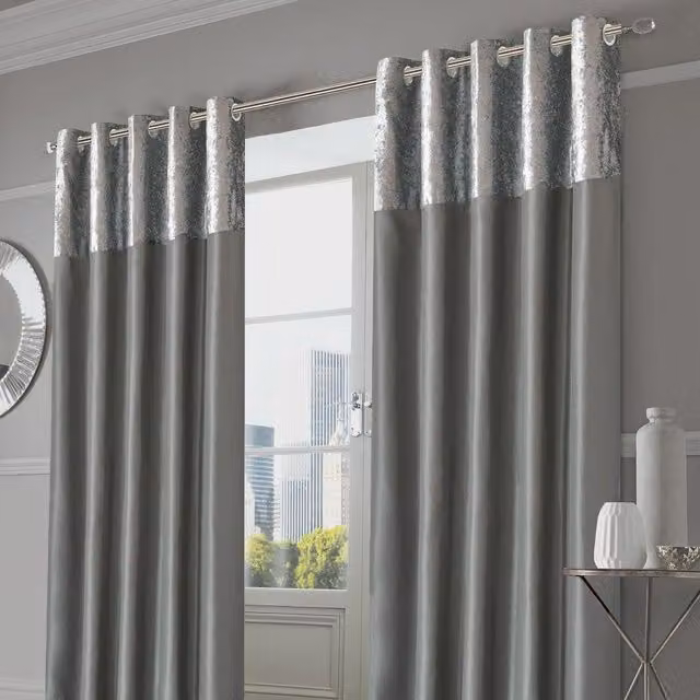 Sienna Pair of Silver Crushed Velvet Eyelet Curtains, Thermal Insulating and Fully Lined, Width: 228 cm