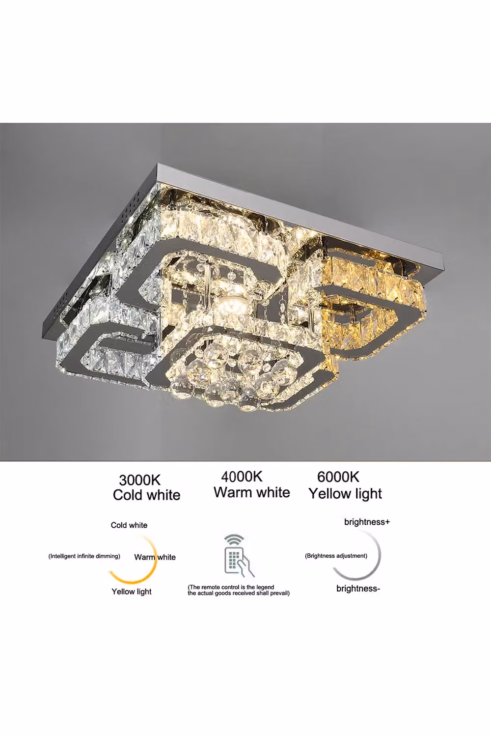 Living and Home Modern Square Crystal LED Flush Mount Ceiling Light in Silver and Chrome – 4