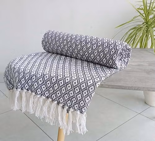 Rapport Home Eden Geometric Cotton Throw in Charcoal Grey, W: 127 cm, D: 152 cm