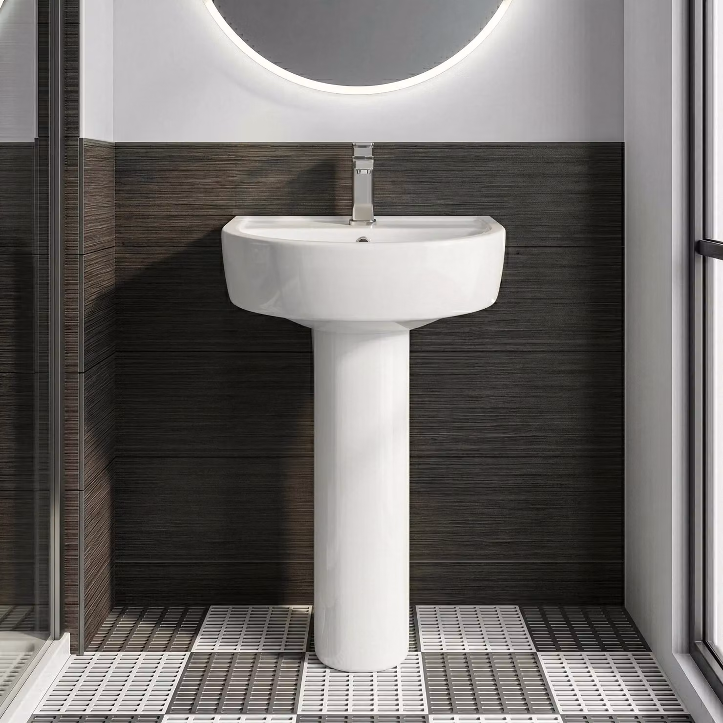Balterley D-Shaped 1 Tap Hole Basin and Full Pedestal in White, W: 42 cm, D: 38 cm, H: 82.5 cm – 3
